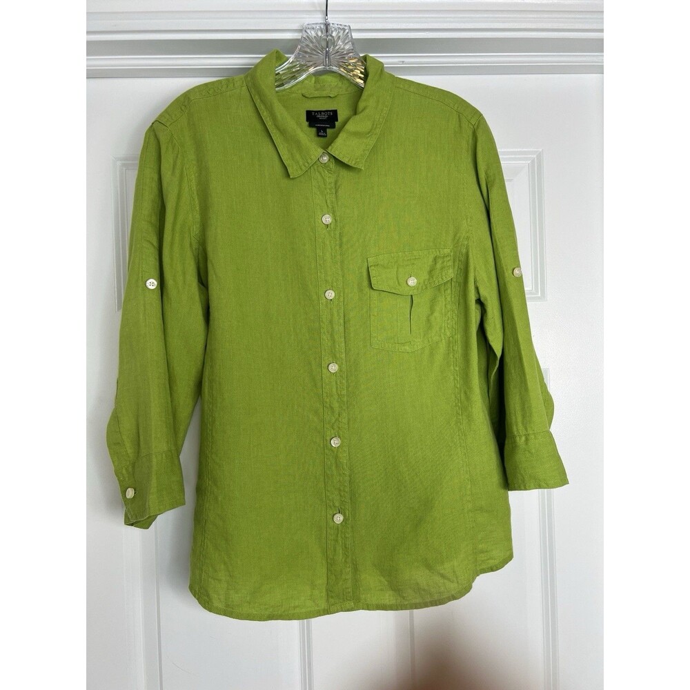 Talbots Petites  Irish Linen Shirt Womens PL  Green Button Down Tiny Flaw